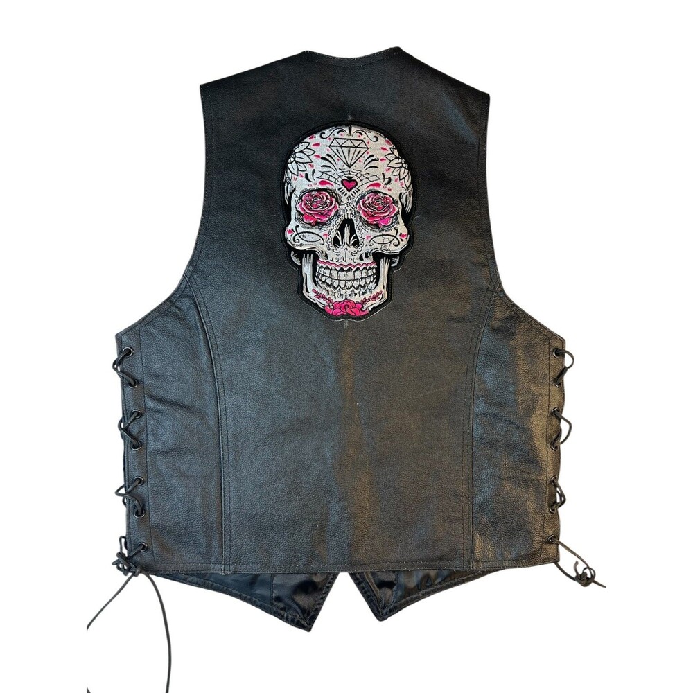 Genuine Leather Unisex Black Motorcycle Biker Vest w Embellished Skull Patch  36
